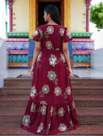 Steel Blue Rayon Floral Gathering Frock Nighty with Double Layer Sleeve - Mangai Nighties
