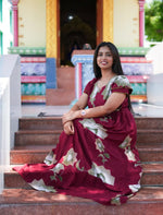 Steel Blue Rayon Floral Gathering Frock Nighty with Double Layer Sleeve - Mangai Nighties