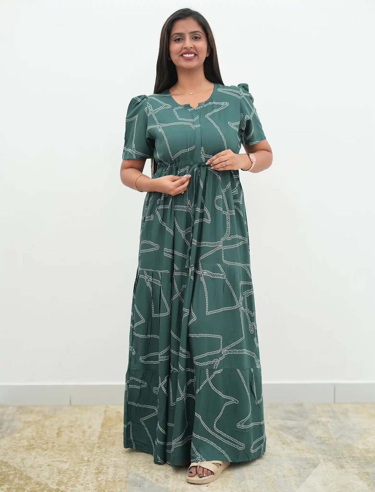 Green Rayon Gathering Frock with Adjustable Front Rope, Puff Sleeves & Side Pocket - Mangai Nighties