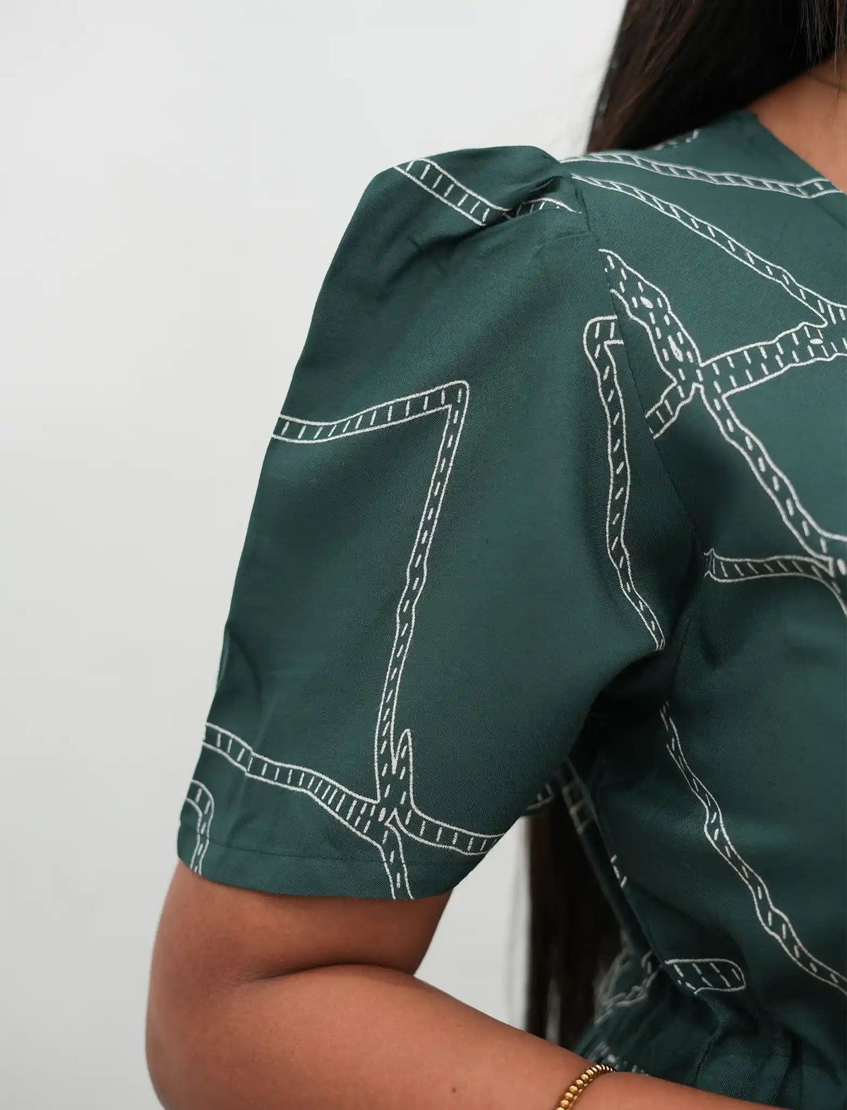 Green Rayon Gathering Frock with Adjustable Front Rope, Puff Sleeves & Side Pocket - Mangai Nighties