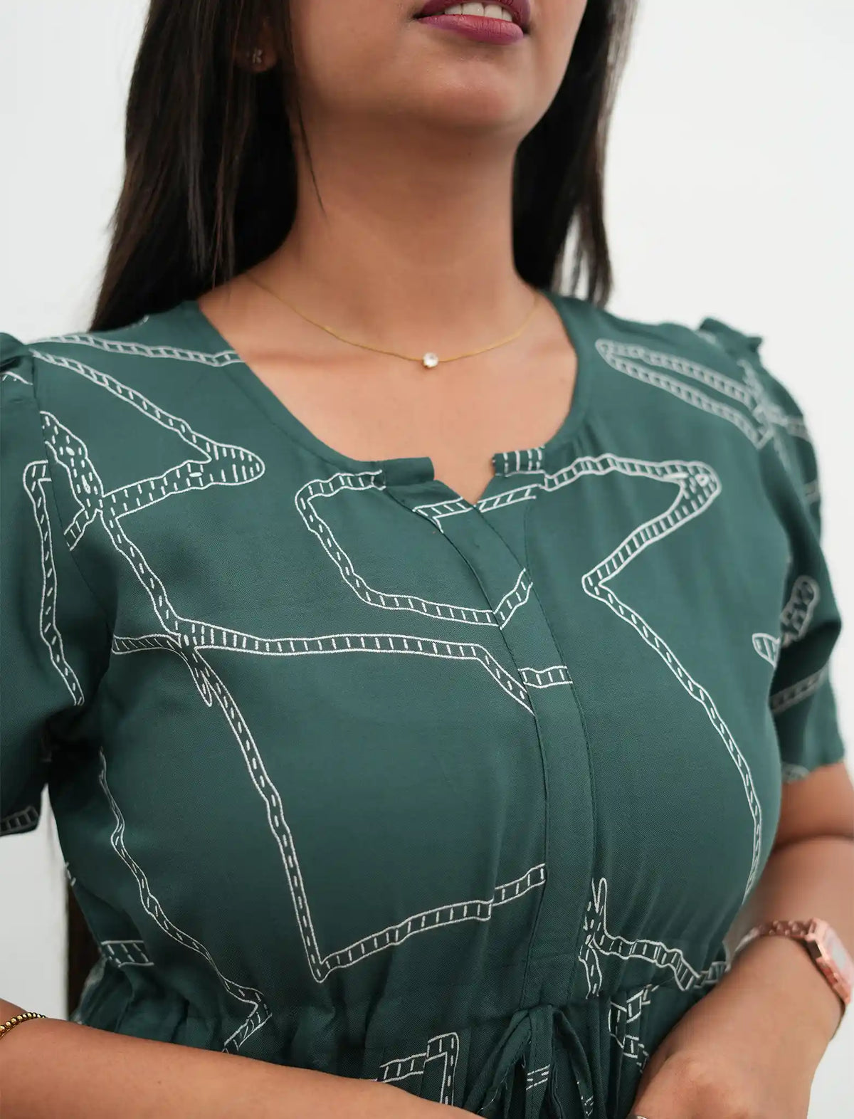 Green Rayon Gathering Frock with Adjustable Front Rope, Puff Sleeves & Side Pocket - Mangai Nighties