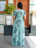Mint Green Rayon Leaf Print Gathering Long Frock Night Gown with Adjustable Front Rope, Puff Sleeve - Mangai Nighties