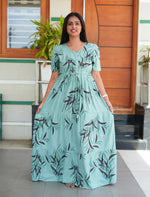 Mint Green Rayon Leaf Print Gathering Long Frock Night Gown with Adjustable Front Rope, Puff Sleeve - Mangai Nighties