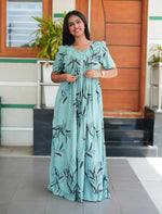 Mint Green Rayon Leaf Print Gathering Long Frock Night Gown with Adjustable Front Rope, Puff Sleeve - Mangai Nighties