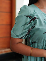 Mint Green Rayon Leaf Print Gathering Long Frock Night Gown with Adjustable Front Rope, Puff Sleeve - Mangai Nighties