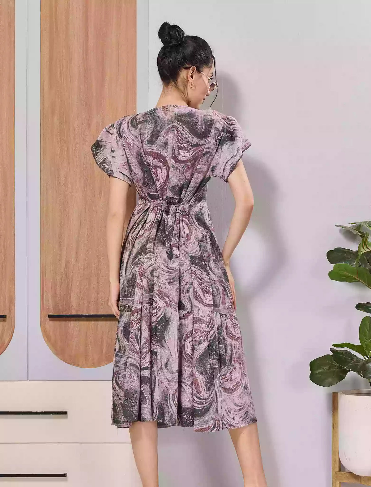 Lavender Marble Print Flared Rayon Maxi with Back Tie Rope