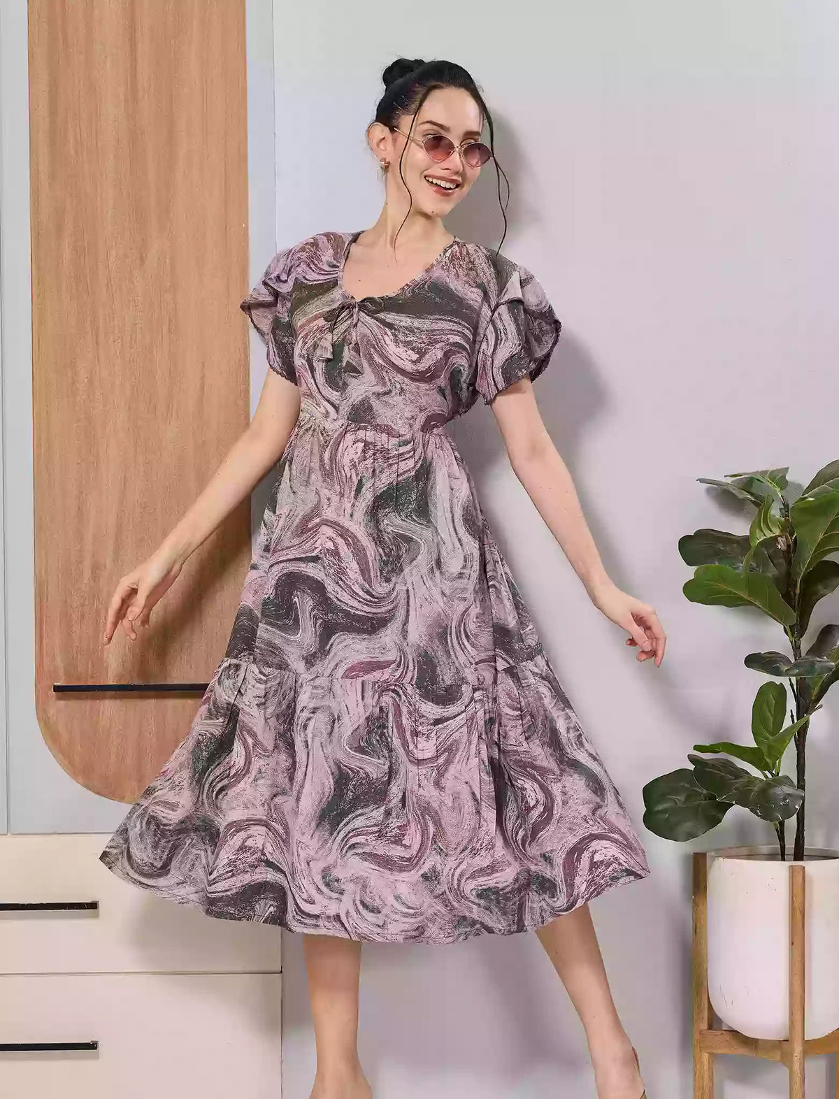 Lavender Marble Print Petal Sleeve Casual Rayon Maxi Dress