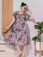 Lavender Marble Print Petal Sleeve Rayon Zipless Flared Maxi