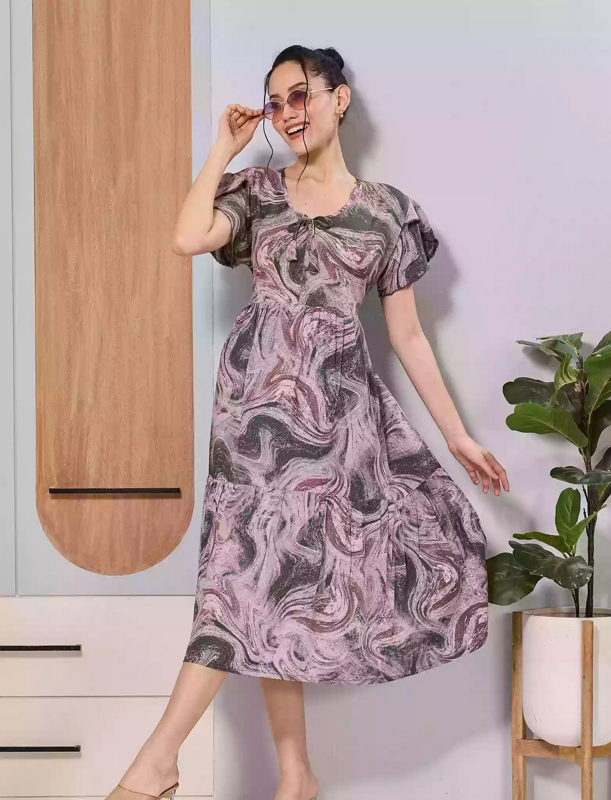 Lavender Marble Print Rayon Maxi with Fancy Neck Bow Tie