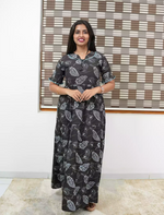 Casual Charcoal Grey Printed Long Frock with Bow Neck Side View - Mangai Nighties 