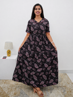 Coffee brown Printed Long Frock Frilled Sleeve Wear - Mangai Nighties 