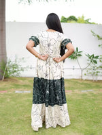 Cream with green Rayon Maxi Frock Back Tie Rope Side Pocket - Mangai Nighties