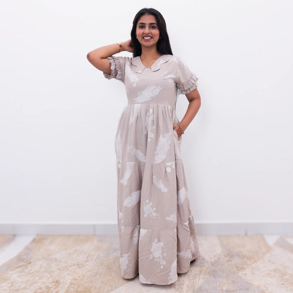 Casual Beige Printed Long Frock with Butterfly Neck Side View - Mangai Nighties 