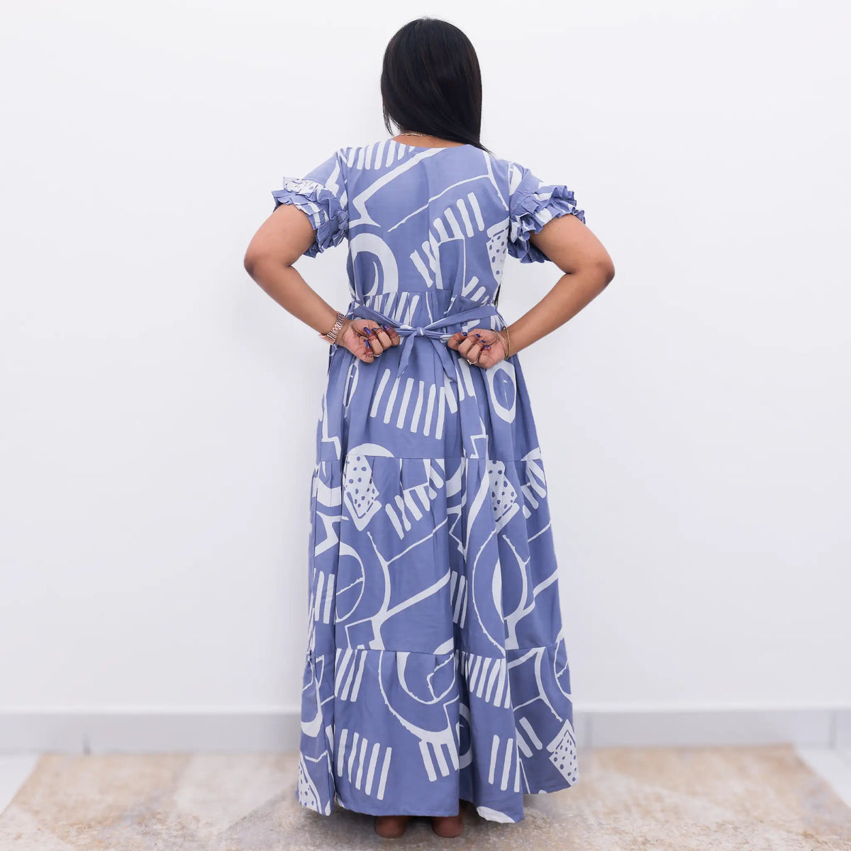 Blue abstract print rayon frock with butterfly collar neckline, back tie string - Mangai Nighties 