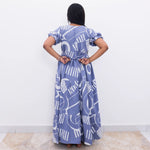 Blue abstract print rayon frock with butterfly collar neckline, back tie string - Mangai Nighties 