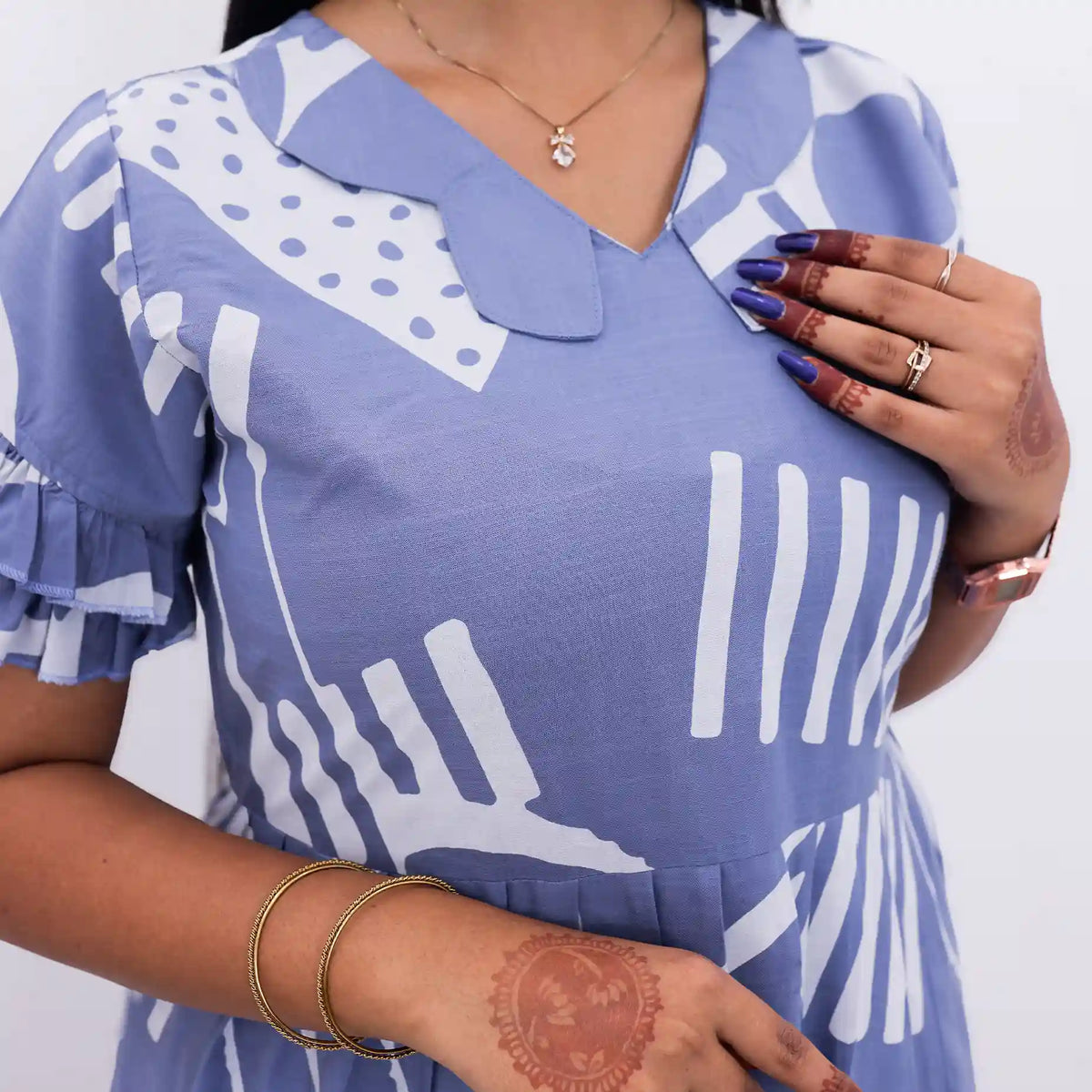 Blue printed long flared rayon frock with Peter Pan-inspired collar - Mangai Nighties 