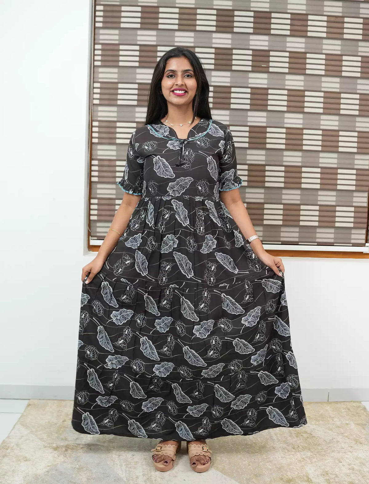 Charcoal Grey Rayon Long Frock Bow Neck & Tie Rope for Women - Mangai Nighties 