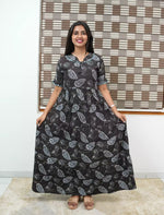 Charcoal Grey Rayon Long Frock Bow Neck & Tie Rope for Women - Mangai Nighties 