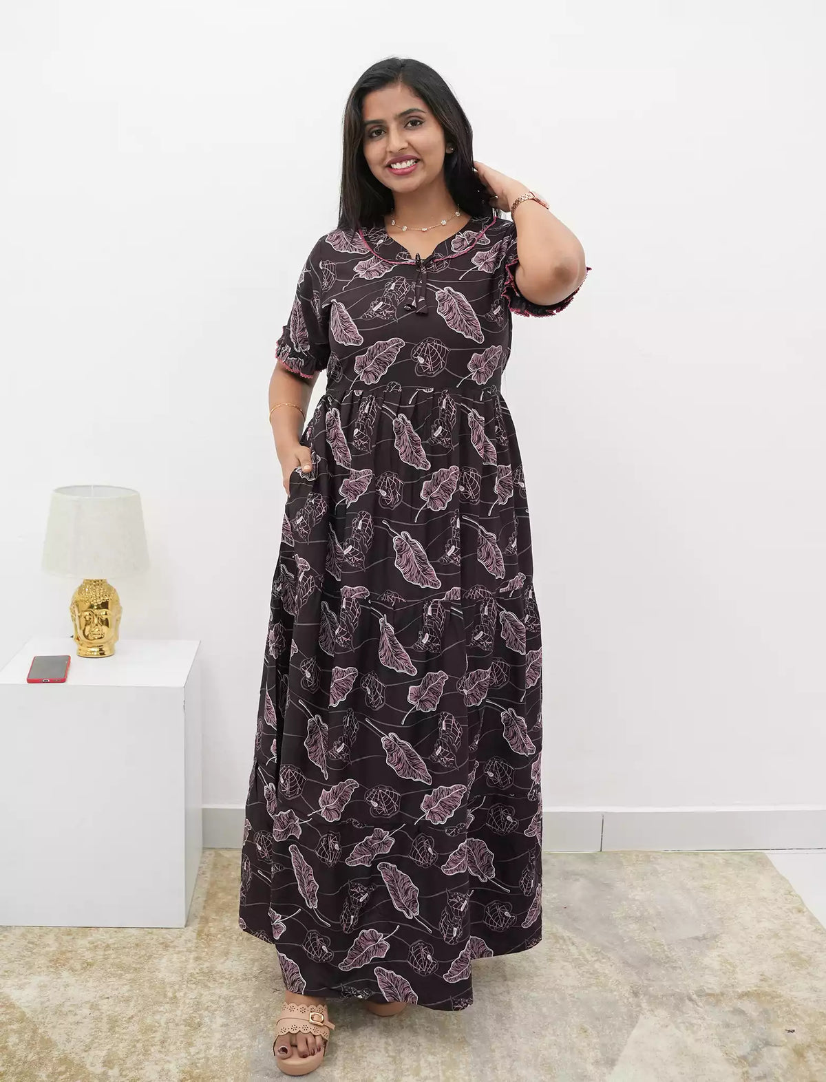Coffee Brown Rayon Frock Bow Neck Tie Rope for women - Mangai Nighties 