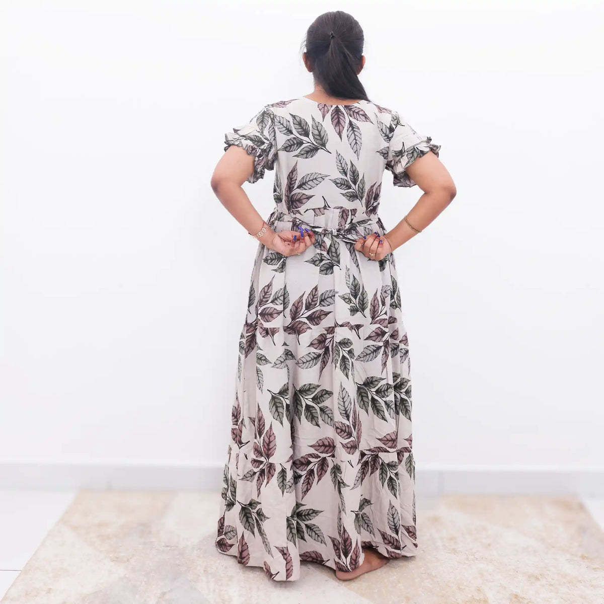 Cream Long Frock Frock Leaf Print with Back Tie Rope - Mangai Nighties 