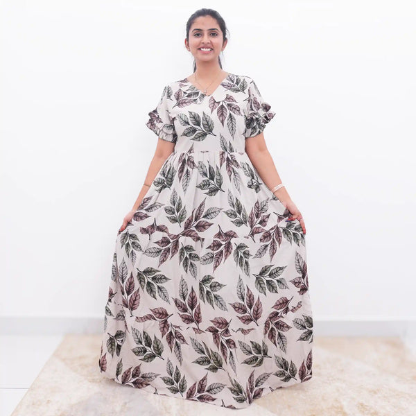 Cream Rayon Flared Long Frock Leaf Print's for women - Mangai Nighties 