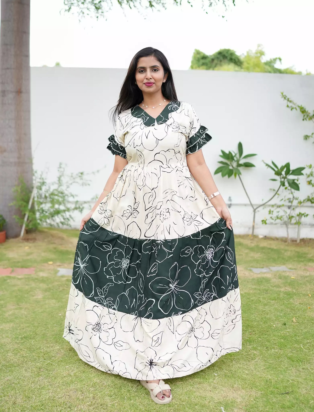 Cream with green Rayon Long Frock Butterfly Neck & Tie Rope for Women - Mangai Nighties 