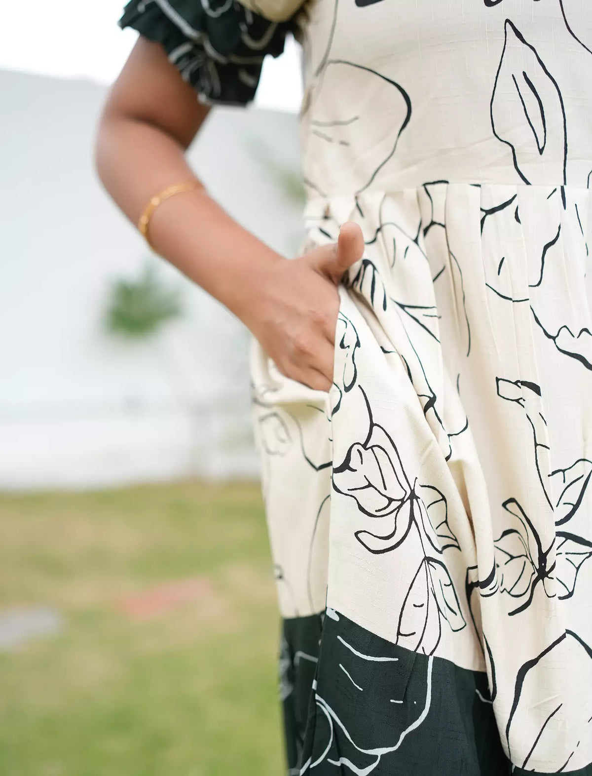 Cream with green Printed Rayon Maxi Frock with Side Pocket - Mangai Nighties