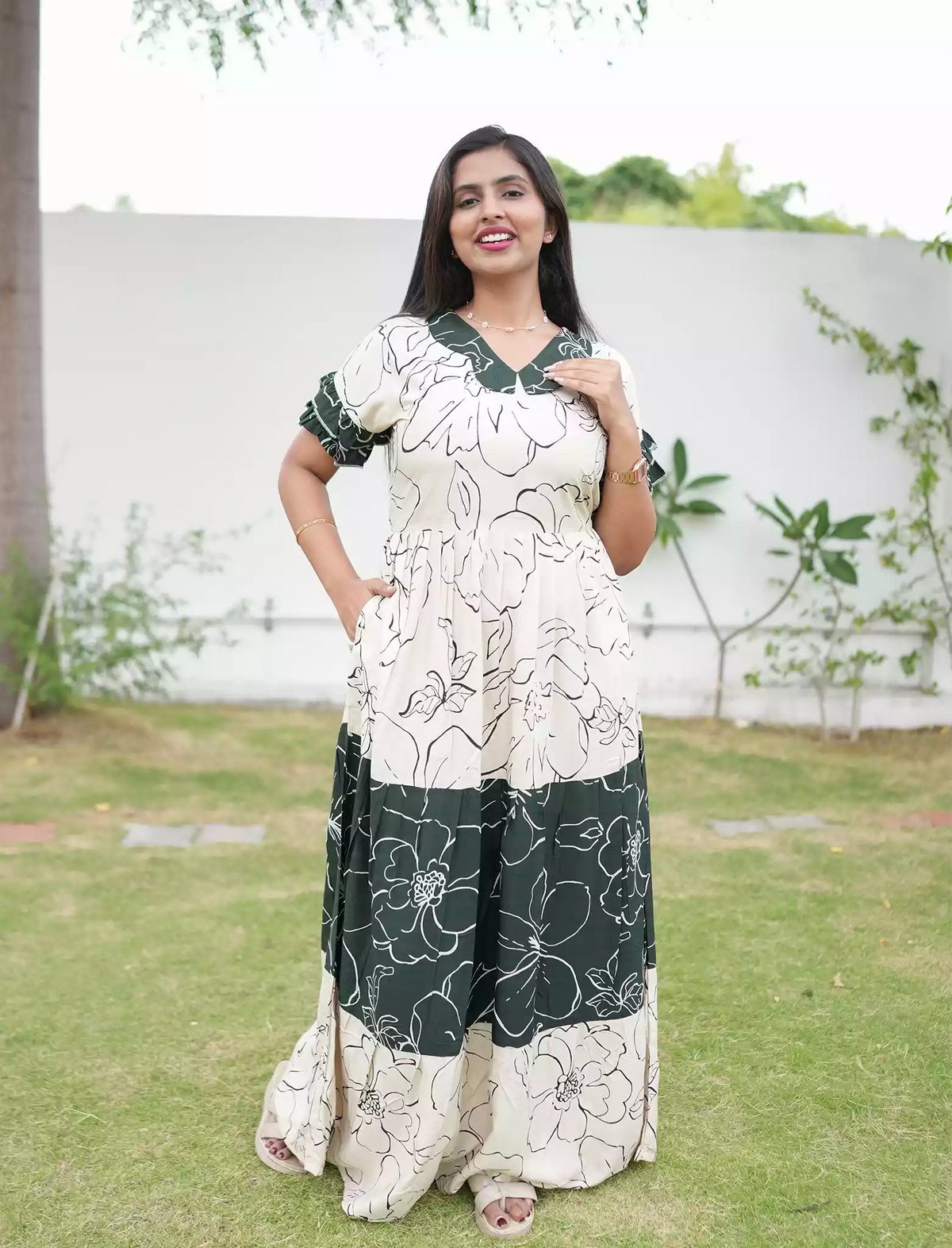 Cream with green Beige Printed Long Frock with Butterfly Neck Side View - Mangai Nighties