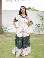 Cream with green Beige Printed Long Frock with Butterfly Neck Side View - Mangai Nighties