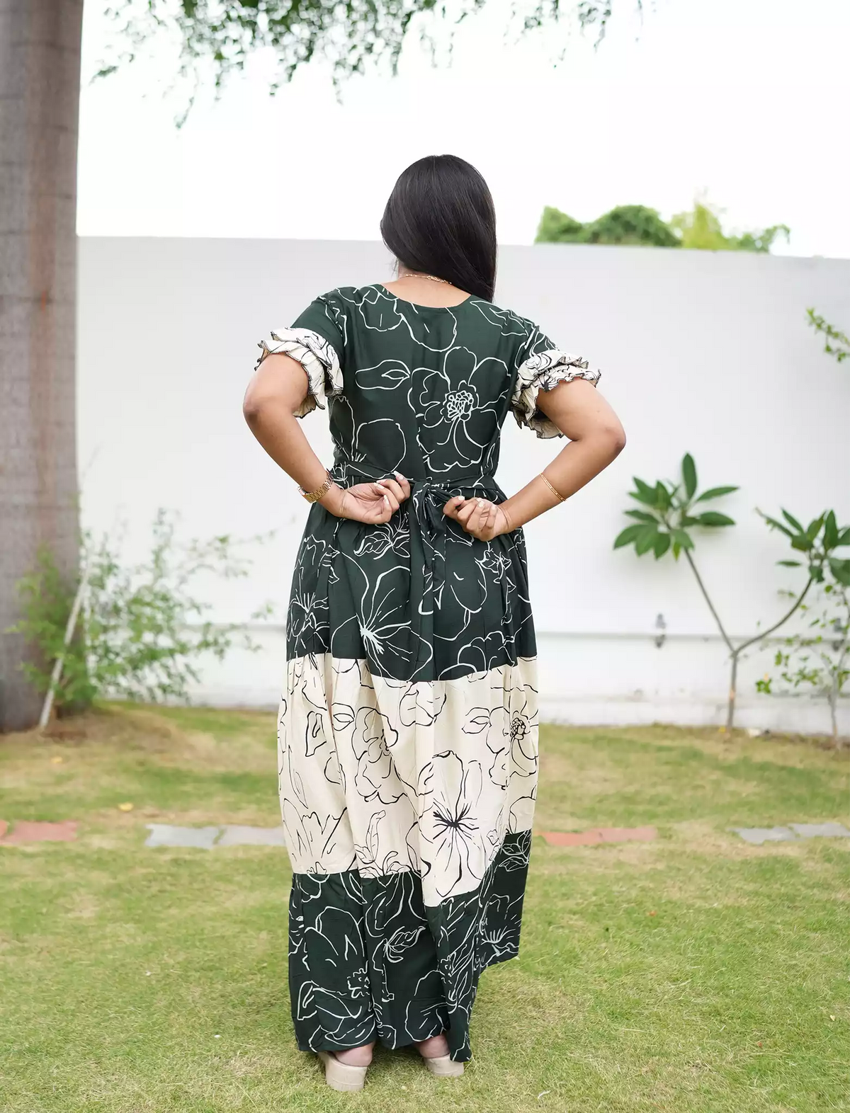 Green with cream Rayon Maxi Frock Back Tie Rope Side Pocket - Mangai Nighties 