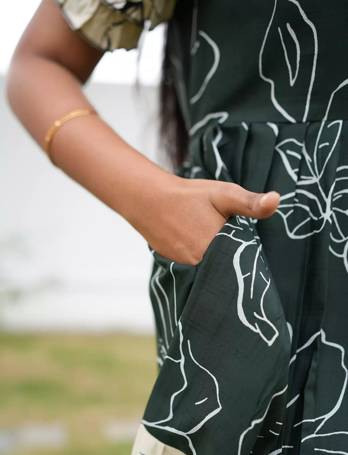 Green with cream Printed Rayon Maxi Frock with Side Pocket - Mangai Nighties 