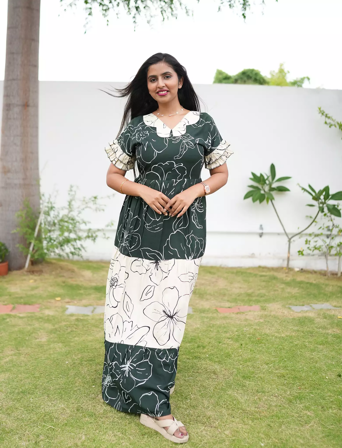 Casual Green with cream Printed Long Frock with Butterfly Neck Side View - Mangai Nighties 