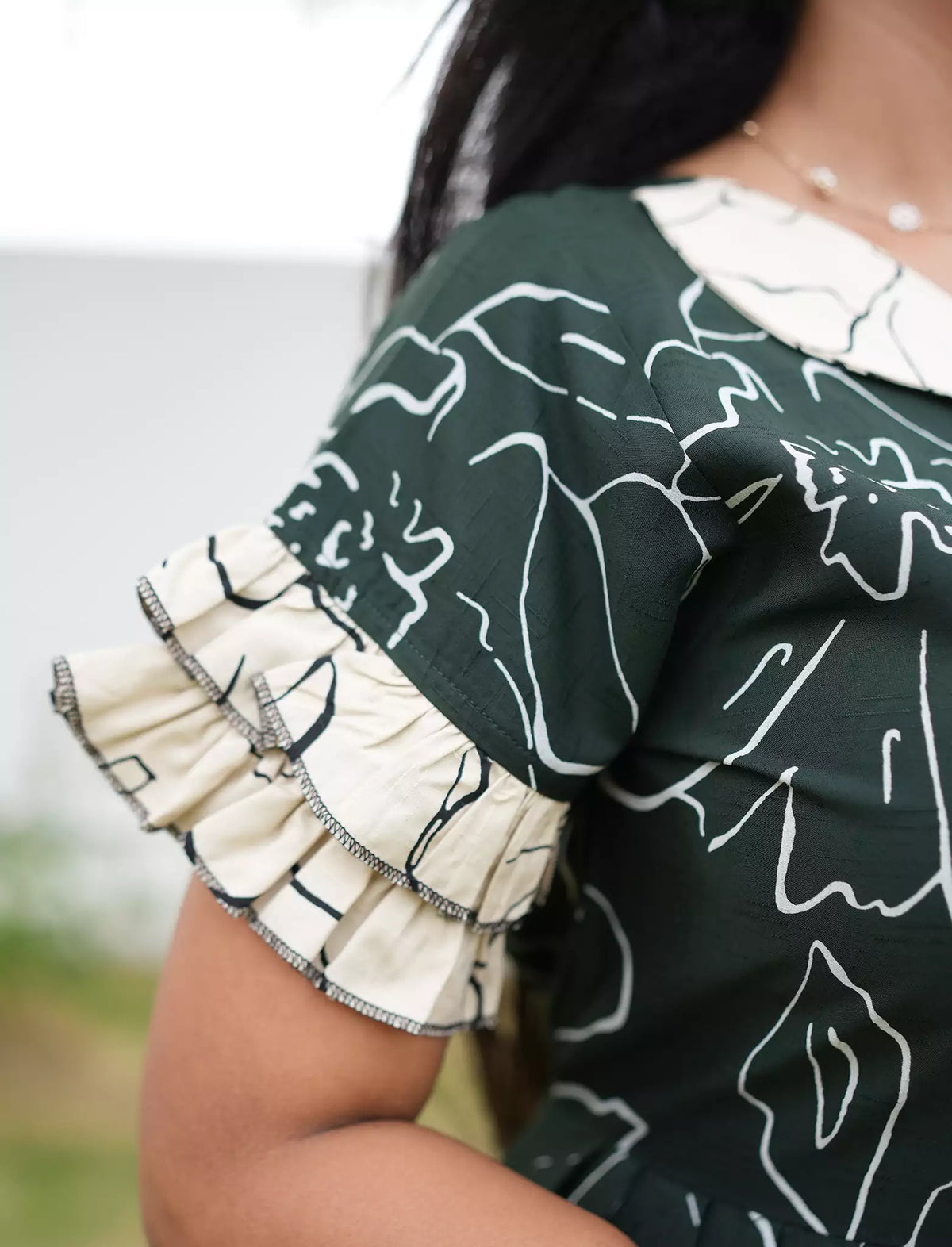 Green with cream Printed Long Frock Double layer Frilled Sleeve Casual Wear - Mangai Nighties 