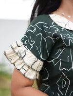 Green with cream Printed Long Frock Double layer Frilled Sleeve Casual Wear - Mangai Nighties 
