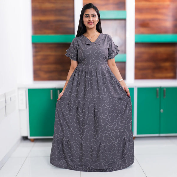 Grey Geometric Printed Rayon Long Flared style Frock - Mangai Nighties 