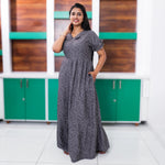 Grey Printed Rayon Long Flared Lounge Frock Side View - Mangai Nighties 