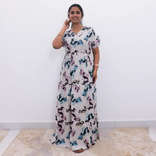Ivory Flared Maxi Frock with V Cut Neckline Side View - Mangai Nighties 