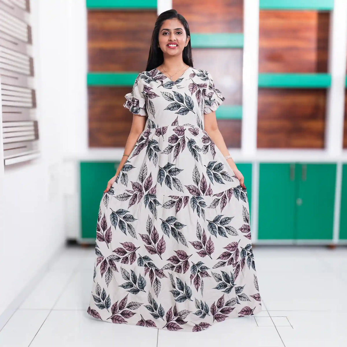 Ivory White Rayon Long Frock Leaf Print's - Mangai Nighties 