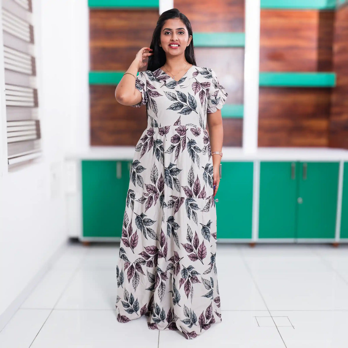 Leaf Printed Rayon Long Frock Women Loungewear Side View - Mangai Nighties