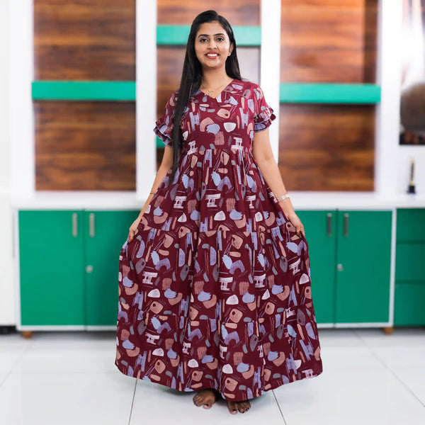Maroon Printed Long Frock Frilled Sleeve Casual Loungewear - Mangai Nighties 