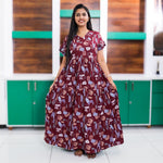 Maroon Printed Long Frock Frilled Sleeve Casual Loungewear - Mangai Nighties 