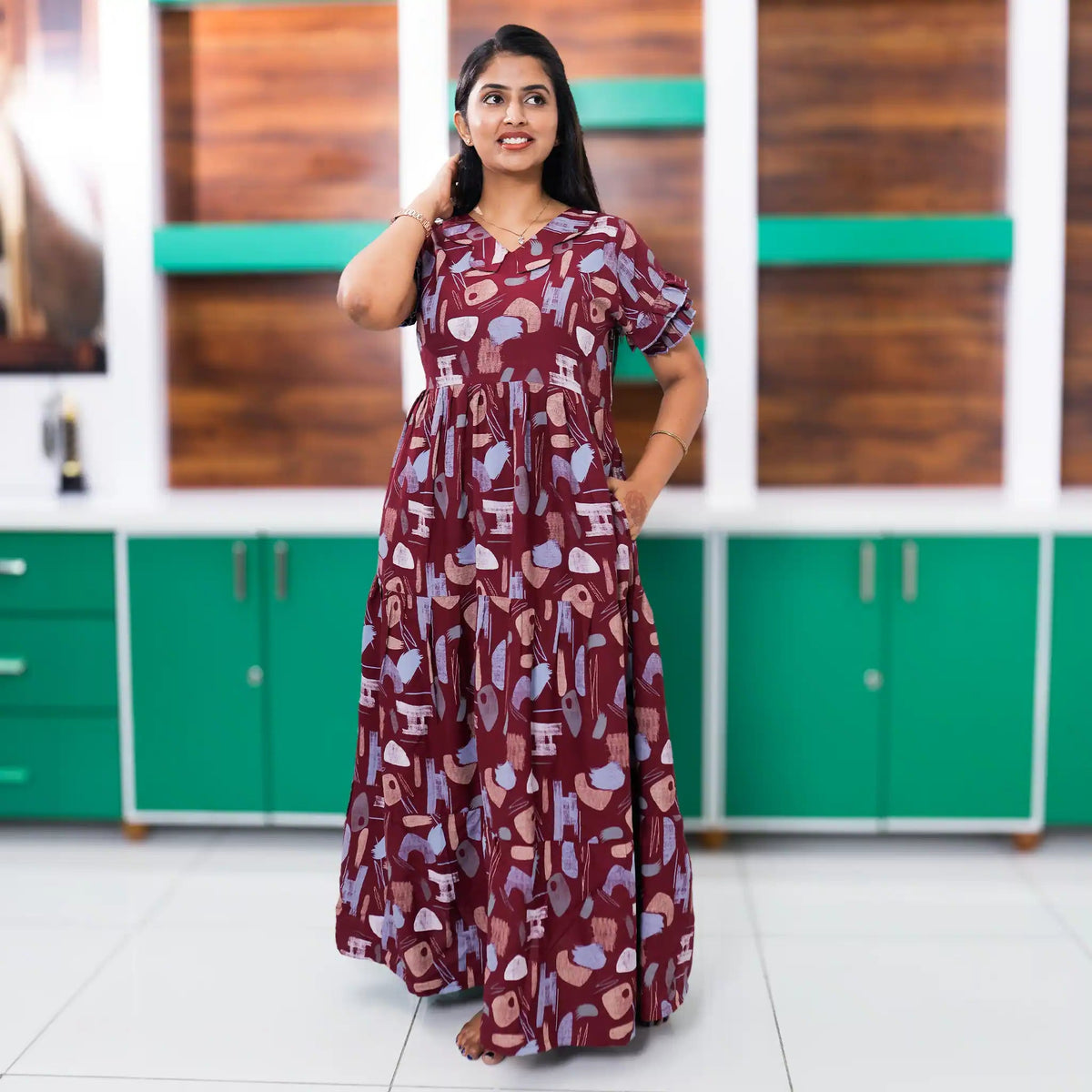Maroon Flared Long Dress Side Pocket Lounge Wear Side View - Mangai Nighties 