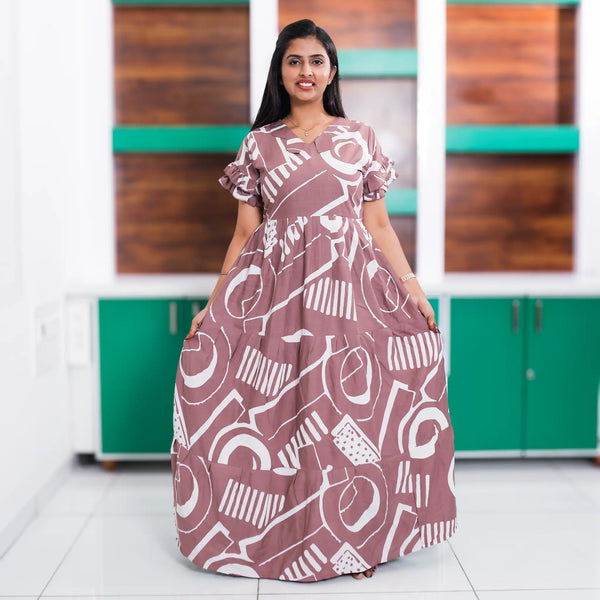Mauve Abstract Printed Rayon Long Frock and flared silhouette - Mangai Nighties 