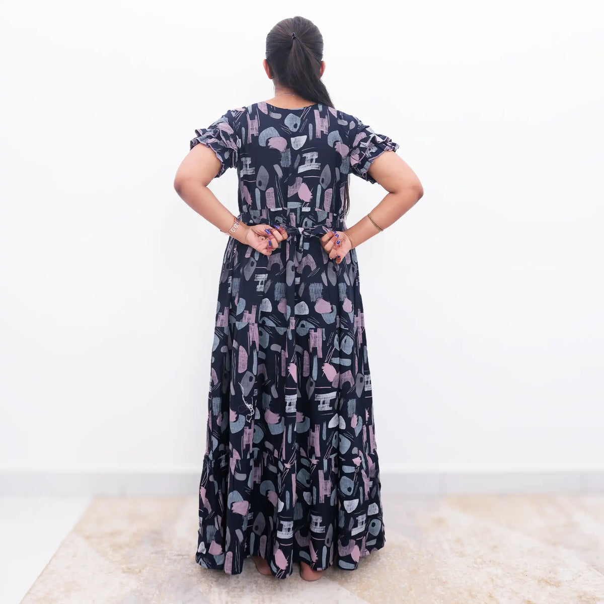 Navy Flared Long Dress Back Tie Rope & Pocket - Mangai Nighties 