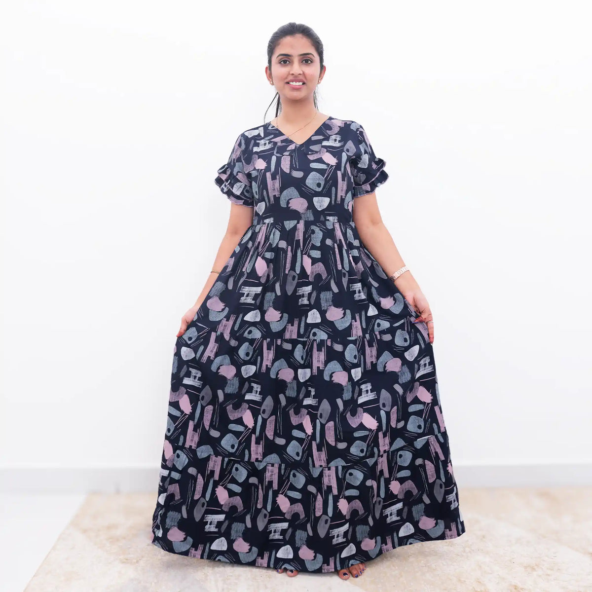 Navy Abstract Printed Rayon Maxi Frock with Butterfly Collar - Mangai Nighties 