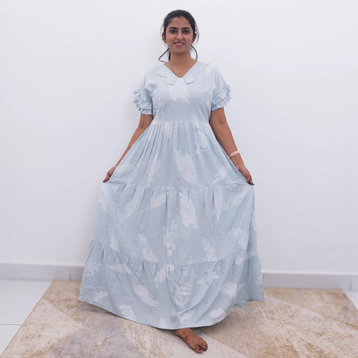 Pastel Blue Printed Long Frock Frilled Sleeve Wear - Mangai Nighties 