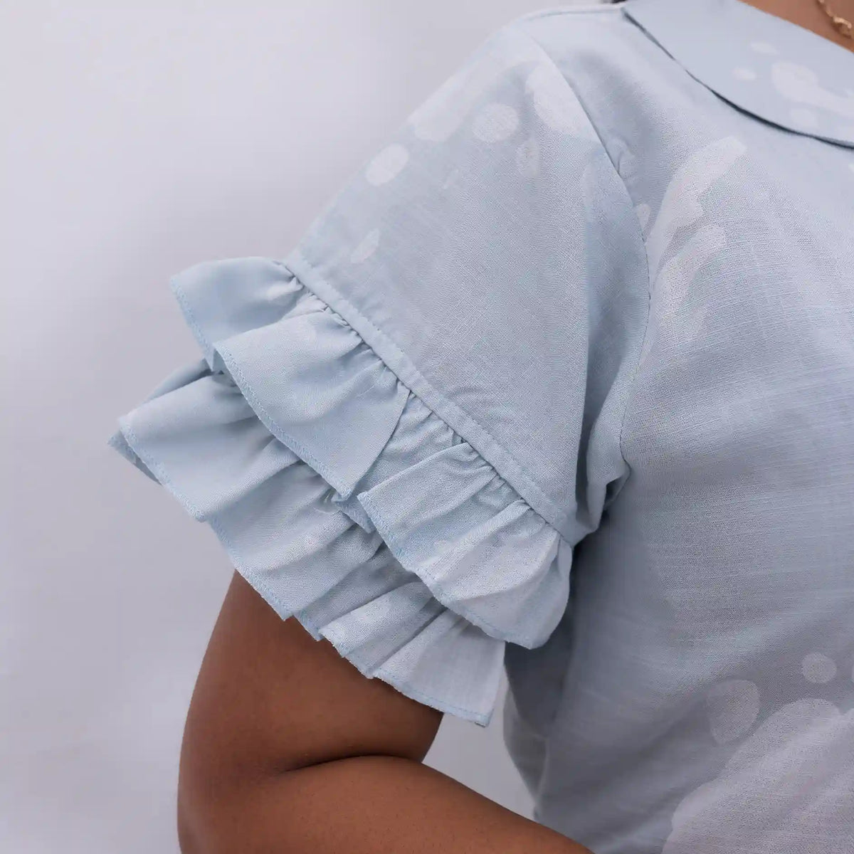 Rayon Pastel Blue Printed Long Frock Frilled Sleeve Wear - Mangai Nighties 