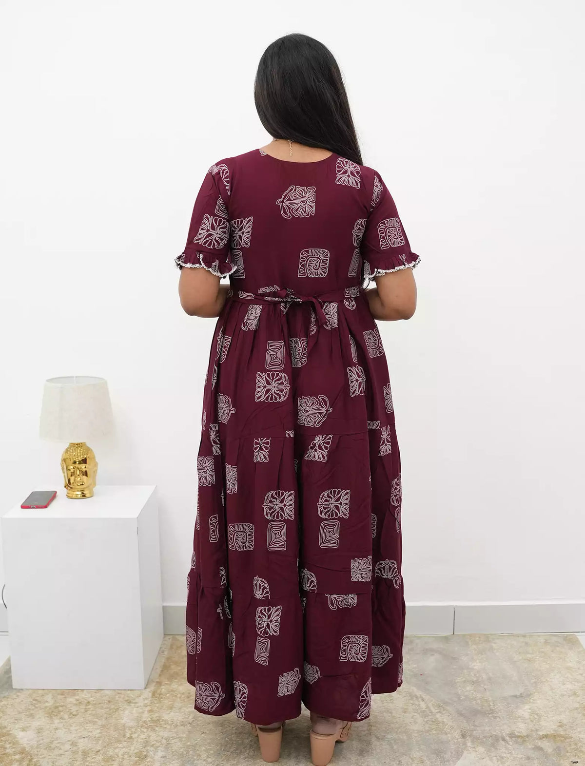 Maroon Rayon Maxi Frock Back Tie Rope Side Pocket - Mangai Nighties 