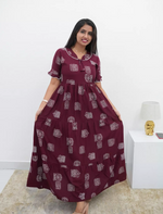 Maroon Rayon Long Frock Bow Neck & Tie Rope for Women - Mangai Nighties 