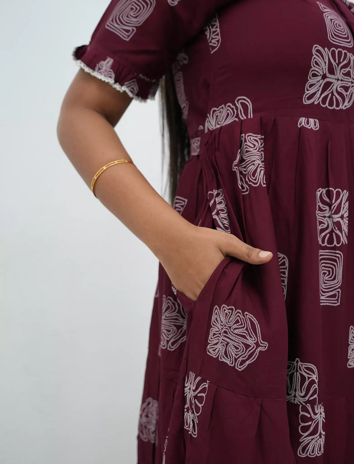 Maroon Printed Rayon Maxi Frock with Side Pocket - Mangai Nighties
